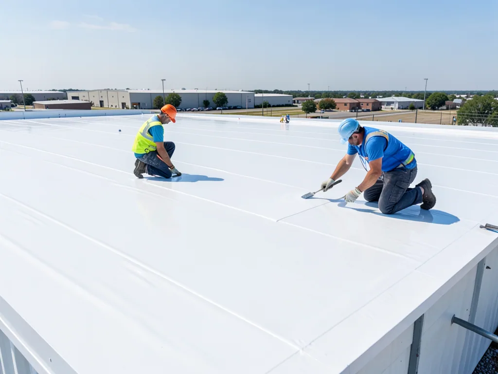 Crew installing a new single-ply roof