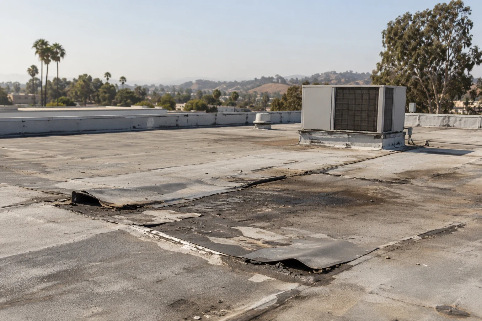 Storm damage on a commercial roof